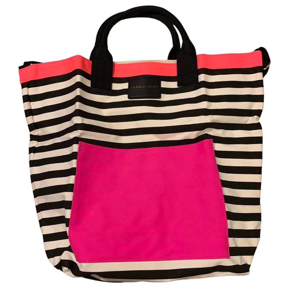 Victoria’s Secret Tote Bag in black and white stripes w/ pink accents - Picture 4 of 8